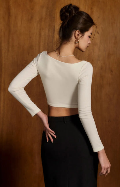 Woolen Square Neck Button Long Sleeve Bra Top<br/>毛呢方領金屬釦長袖Bra Top