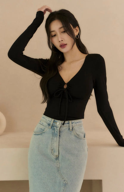 Drawstring V-Neck Long Sleeve Bra Top<br/>心機抽繩V領長袖Bra Top