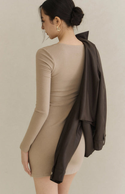 Tencel Strapless Ruched Long-Sleeve Bra Dress<br/>天絲美胸抓皺平口Bra Dress