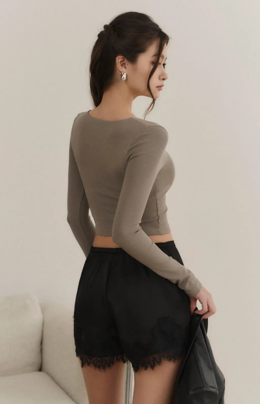 (現貨) Lace Trim V-Neck Long Sleeve Bra Top<br/>美胸蕾絲V領長袖Bra Top -【L】