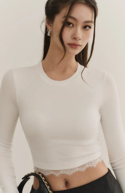 （最後現貨）Modal Lace-Panel Crew Neck Long Sleeve Bra Top<br/>莫代爾拼接蕾絲圓領長袖Bra Top -【XS】