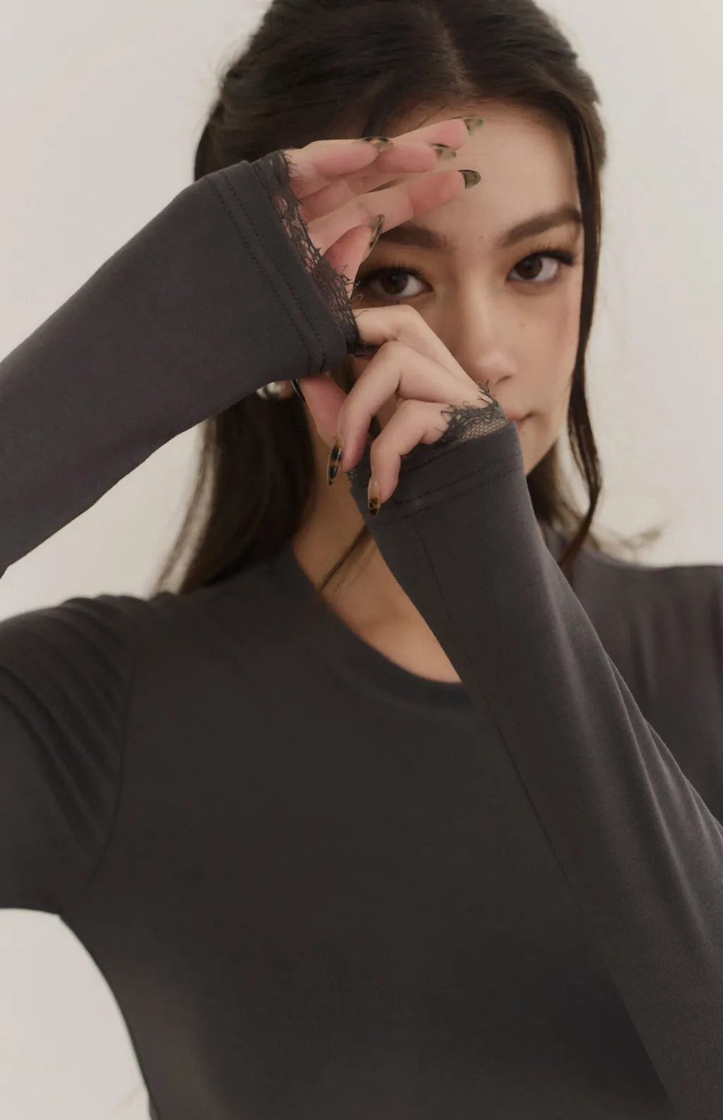 （最後現貨）Modal Lace-Panel Crew Neck Long Sleeve Bra Top<br/>莫代爾拼接蕾絲圓領長袖Bra Top -【XS】