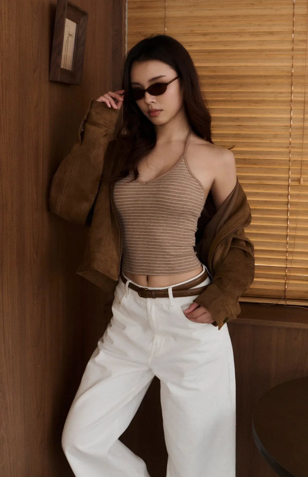 Striped Halter V-Neck Ribbed Bra Top<br/>美胸V領綁帶條紋Bra Top