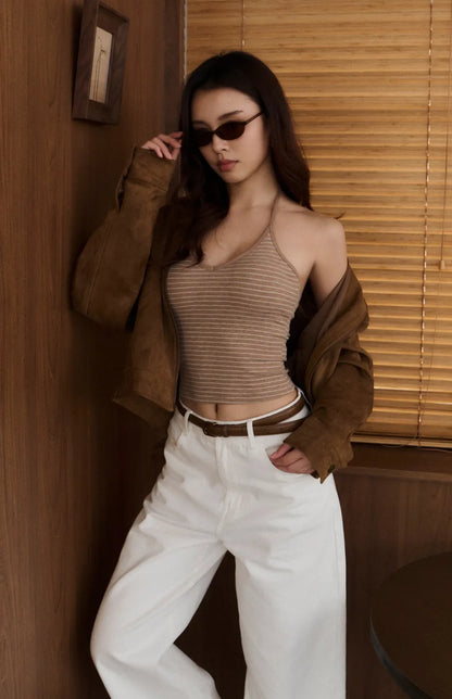 Striped Halter V-Neck Ribbed Bra Top<br/>美胸V領綁帶條紋Bra Top