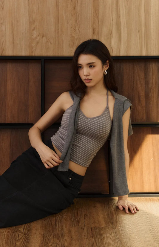 (現貨) Striped Halter V-Neck Ribbed Bra Top<br/>美胸V領綁帶條紋Bra Top