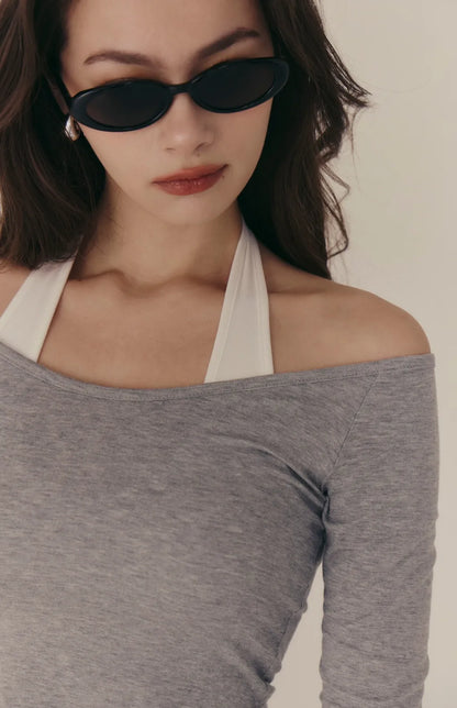 Halter Off-Shoulder Faux-Layer Long Sleeve Bra Top<br/>繞脖一字領假兩件長袖 Bra Top
