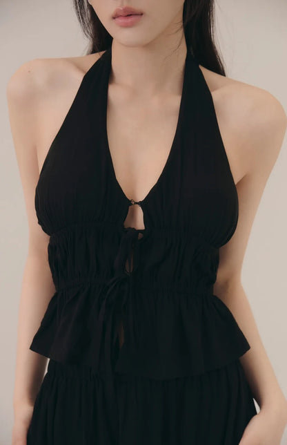 French Ruffle Halter V-Neck Peplum Bra Top<br/>法式荷葉V領繞脖Bra Top