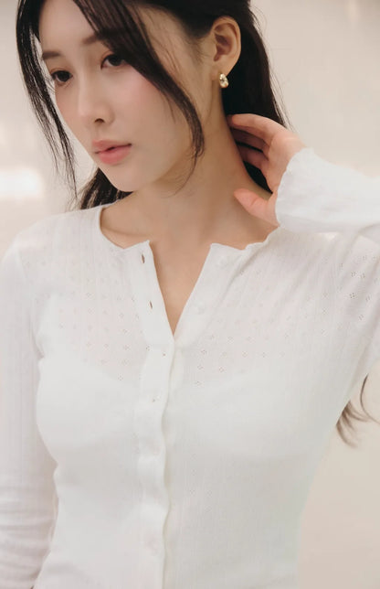 Lace Trim Ribbed Knit Cardigan<br/>針織蕾絲花邊圓領開衫