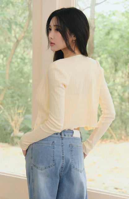 Lace Trim Ribbed Knit Cardigan<br/>針織蕾絲花邊圓領開衫