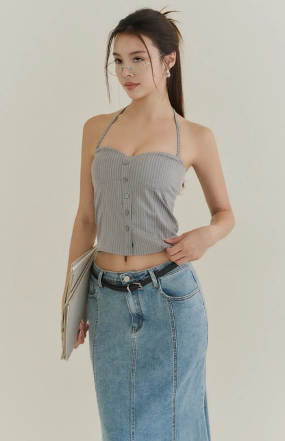 Striped Button-Front Corset<br/>歐美綁帶條紋排釦馬甲Bra Top