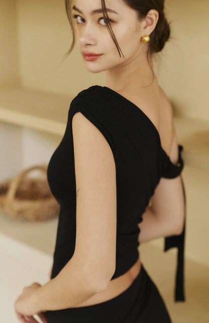 One-Shoulder Ruched Knot Tie Bra Top<br/>單肩抓皺褶綁帶Bra Top