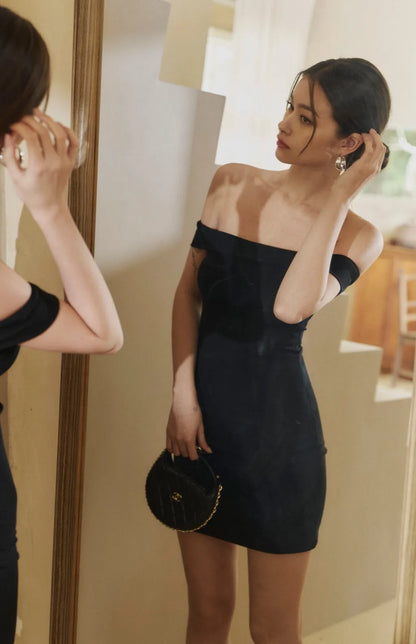 French Off-Shoulder Bodycon Mini Bra Dress<br/>法式一字領包臀Bra Dress