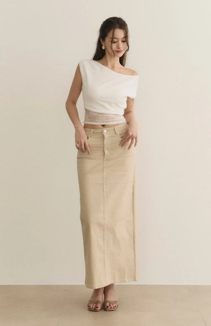 French Minimal Back-Slit Denim Midi Skirt<br/>法式極簡後開衩牛仔裙
