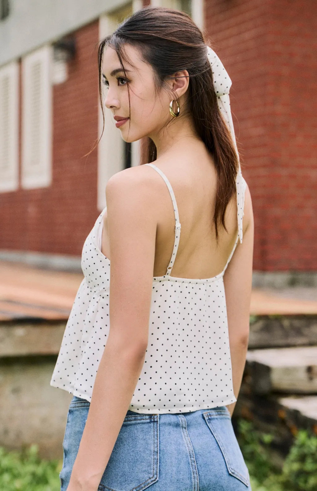 Polka Dot Chiffon Peplum Bra Top with Scarf<br/>美式雪紡點點細肩傘擺Bra Top(附領巾)