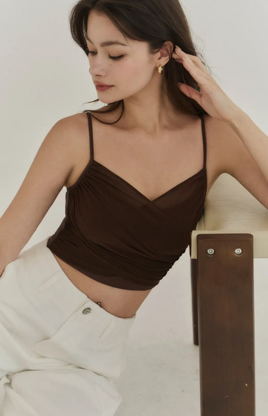Sheer Mesh Ruched Plunge Bra Top<br/>V領網紗抓皺Bra Top