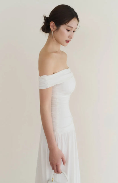 Off-Shoulder Ruched Maxi Bra Dress<br/>法式平肩抓皺修身Bra Dress