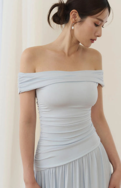 Off-Shoulder Ruched Maxi Bra Dress<br/>法式平肩抓皺修身Bra Dress