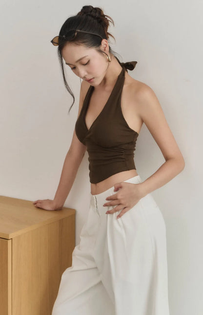 Ruched Plunge Tie-Halter Bra Top<br/>抓皺交叉V領綁帶Bra Top