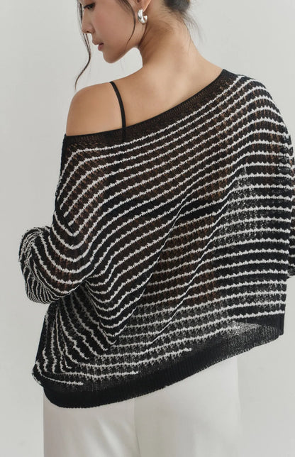 Sheer Striped Open-Knit Sweater<br/>透膚條紋鏤空罩衫