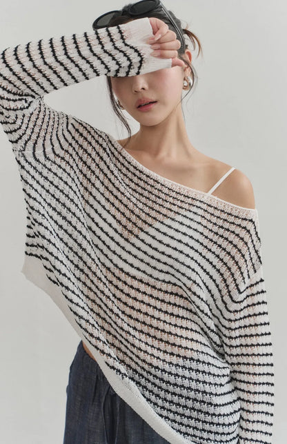 Sheer Striped Open-Knit Sweater<br/>透膚條紋鏤空罩衫