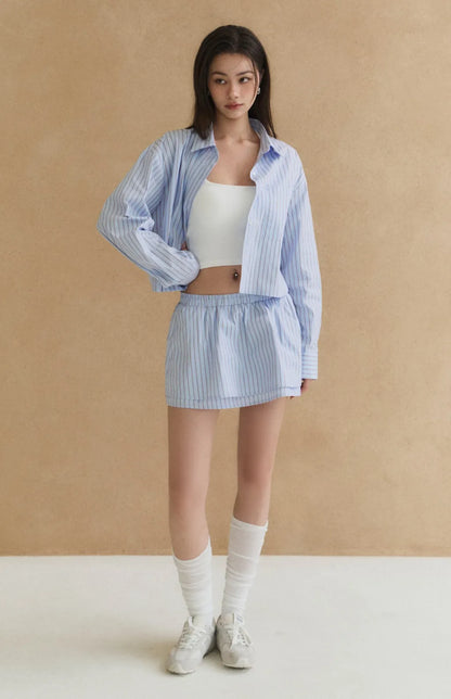Striped Double-Layer Paperbag Skort<br/>美式條紋雙層花苞褲裙