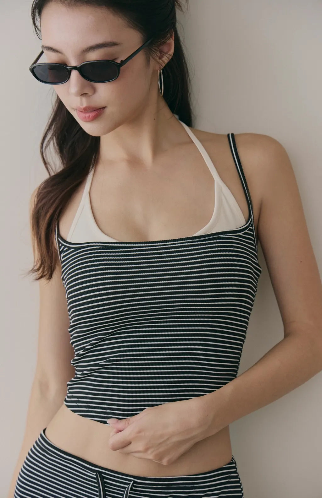 Striped Layered Halter Scoop Bra Top<br/>條紋假兩件U領綁帶Bra Top