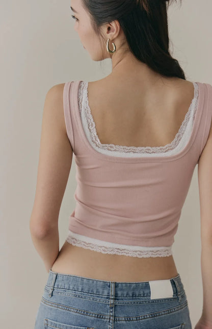 Tencel Layered Lace-Trim Henley Bra Top<br/>天絲假兩件蕾絲可開釦Bra Top