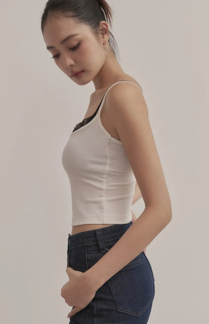 Layered Sweetheart Lace-Trim Crop Bra Top<br/>假兩件桃心領蕾絲花邊Bra Top