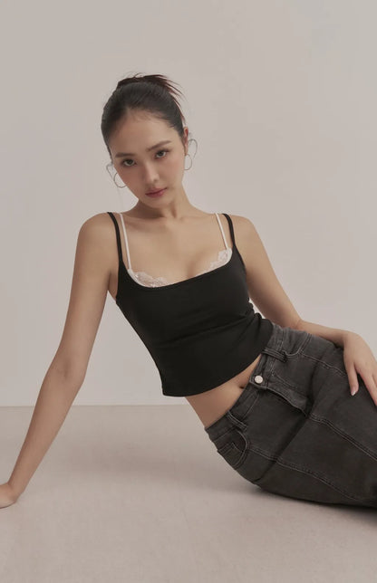 Layered Sweetheart Lace-Trim Crop Bra Top<br/>假兩件桃心領蕾絲花邊Bra Top
