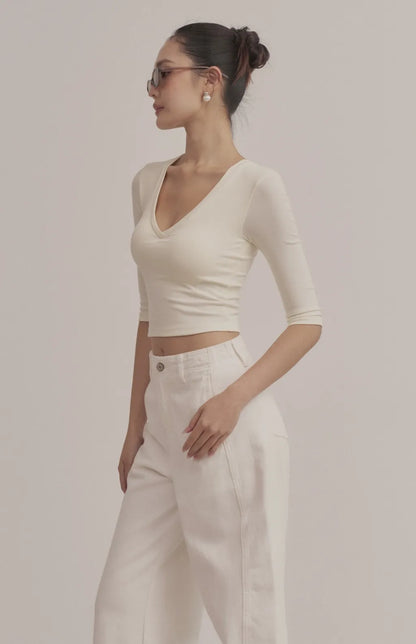 Ribbed V-Neck 3/4 Sleeve Crop Bra Top<br/>柔彈羅紋V領七分袖Bra Top