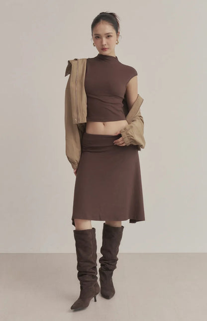 Soft Ribbed Mock-Neck Cap-Sleeve Crop Bra Top<br/>柔彈羅紋高領包肩Bra Top