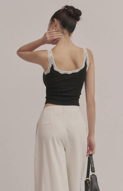 Contrast Lace Scoop-Neck Ribbed Bra Top<br/>羅紋撞色蕾絲U領Bra Top