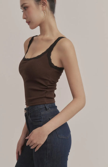 Contrast Lace Scoop-Neck Ribbed Bra Top<br/>羅紋撞色蕾絲U領Bra Top