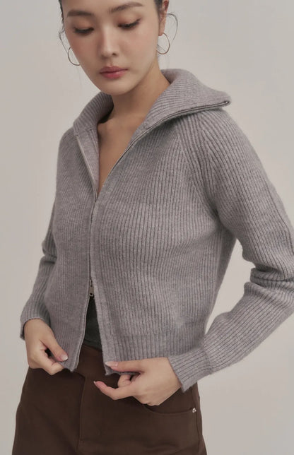Ribbed Collared Two-Way Zip Knit Jacket<br/>坑條翻領拉鍊針織外套