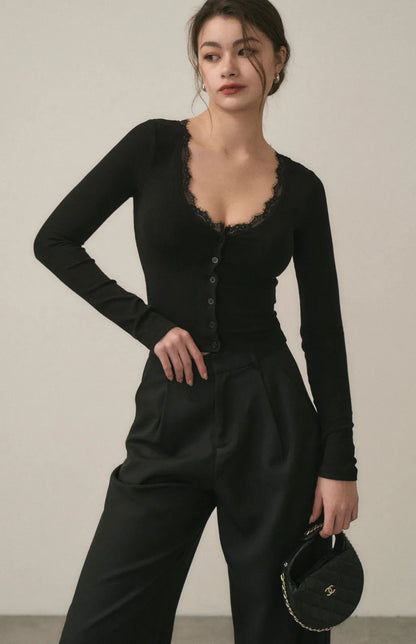 Lace Ribbed Button Bra Top<br/>蕾絲坑條排釦Bra Top