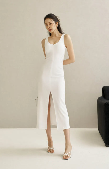 Rib Knit V-Neck Bra Dress<br/>坑條V領美胸前開衩Bra Dress