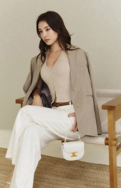 Front Button V-Neck Halter Bra Top<br/>繞脖V領排釦羅紋Bra Top By Beigy - Milu