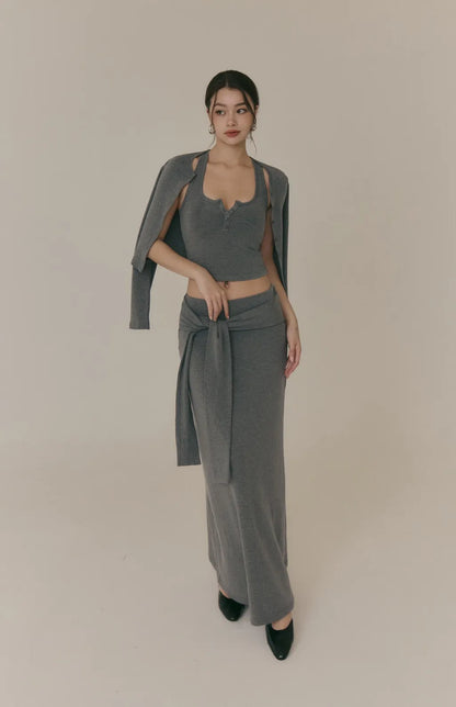 (預購) Wool-Blend Tie-Waist Long Skirt<br/>羊毛假兩件綁帶裙