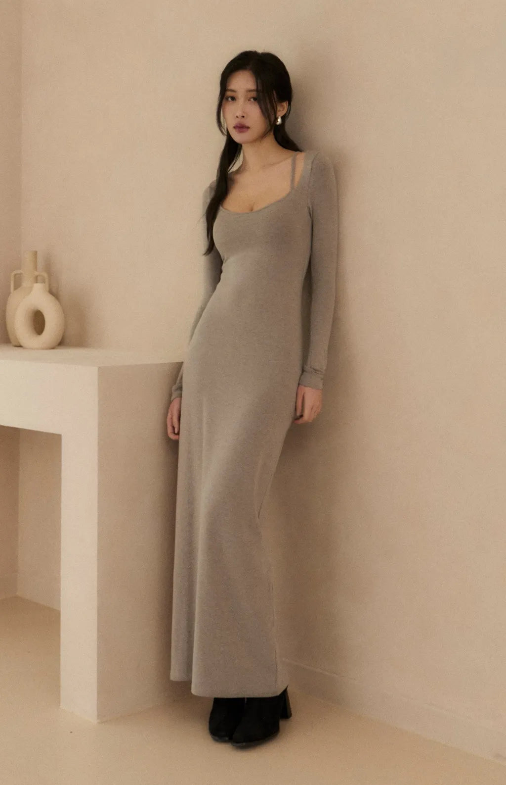 (最後現貨) Tencel Square Neck Layered Slimming Bra Dress<br/>天絲方領假兩件修身Bra Dress -【XS-M】