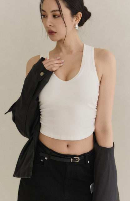 Wide Strap V-Neck Side-Ruched Sueded Bra Top<br/>寬肩V領側抓皺磨毛Bra Top