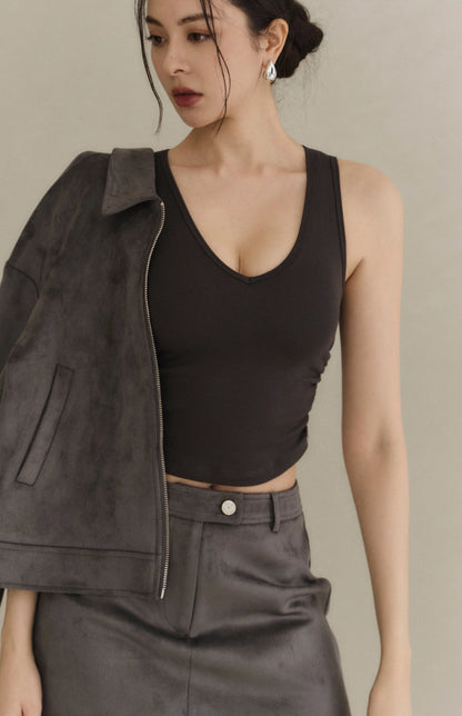 Wide Strap V-Neck Side-Ruched Sueded Bra Top<br/>寬肩V領側抓皺磨毛Bra Top