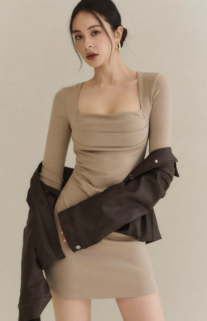 Tencel Strapless Ruched Long-Sleeve Bra Dress<br/>天絲美胸抓皺平口Bra Dress