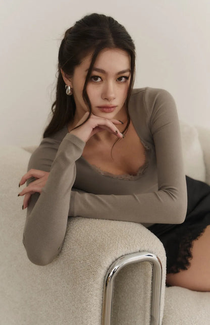 (現貨) Lace Trim V-Neck Long Sleeve Bra Top<br/>美胸蕾絲V領長袖Bra Top -【L】