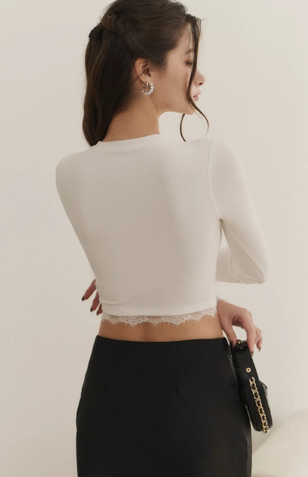 （最後現貨）Modal Lace-Panel Crew Neck Long Sleeve Bra Top<br/>莫代爾拼接蕾絲圓領長袖Bra Top -【XS】