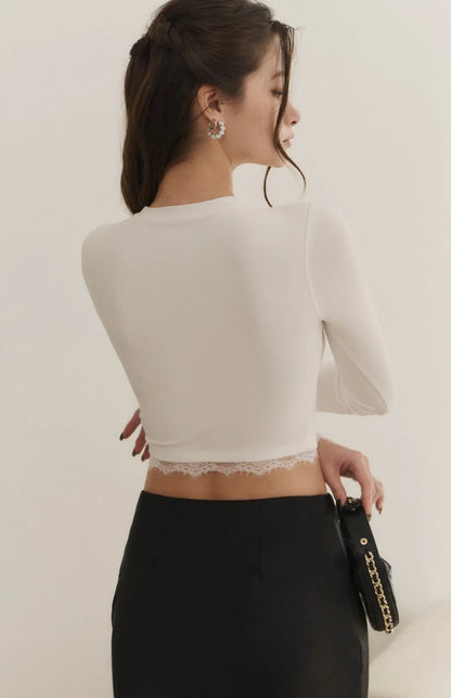 （最後現貨）Modal Lace-Panel Crew Neck Long Sleeve Bra Top<br/>莫代爾拼接蕾絲圓領長袖Bra Top -【XS】