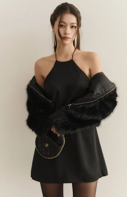 Goddess Satin Halter Open-Back Mini Bra Dress<br/>女神緞面削肩美背短Bra Dress