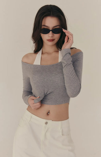 Halter Off-Shoulder Faux-Layer Long Sleeve Bra Top<br/>繞脖一字領假兩件長袖 Bra Top