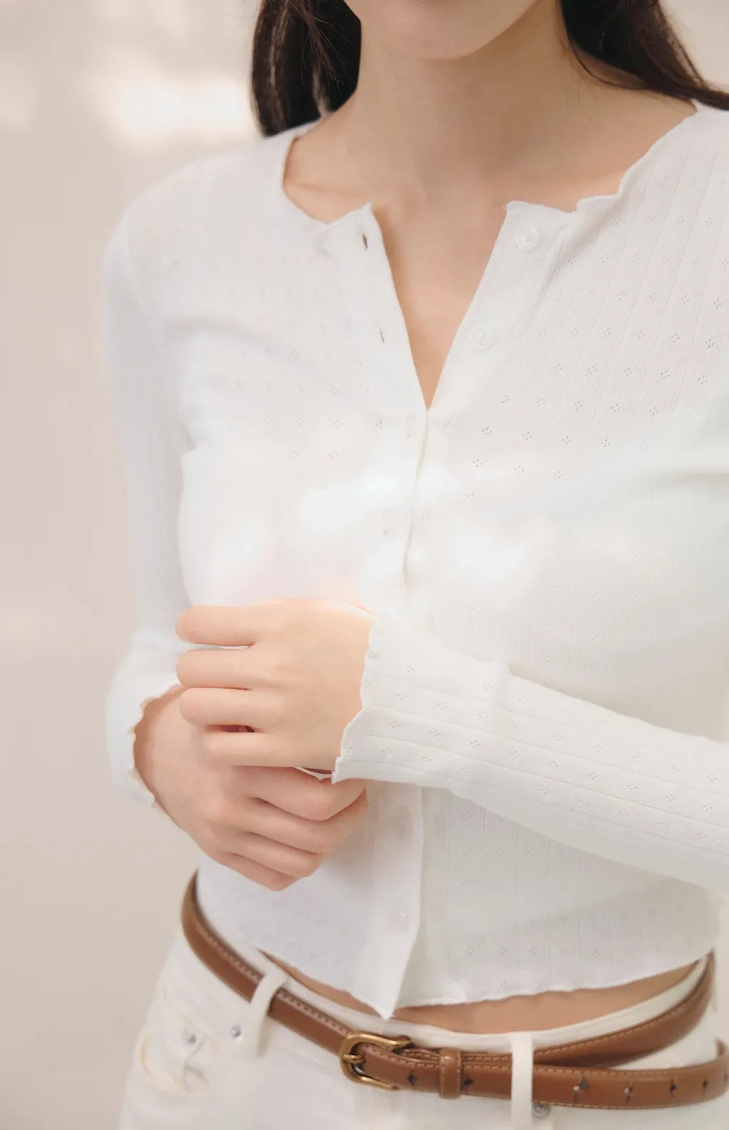 Lace Trim Ribbed Knit Cardigan<br/>針織蕾絲花邊圓領開衫