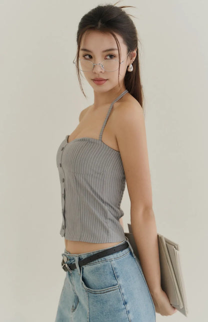Striped Button-Front Corset<br/>歐美綁帶條紋排釦馬甲Bra Top