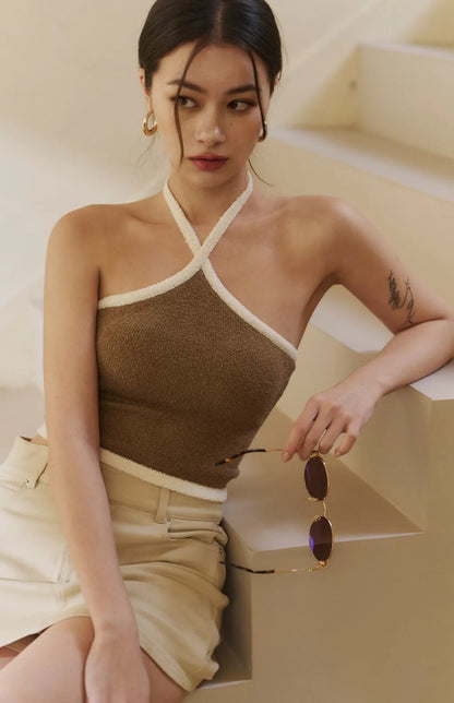 Contrast Knit Halter Bra Top<br/>慵懶法式撞色針織Bra Top